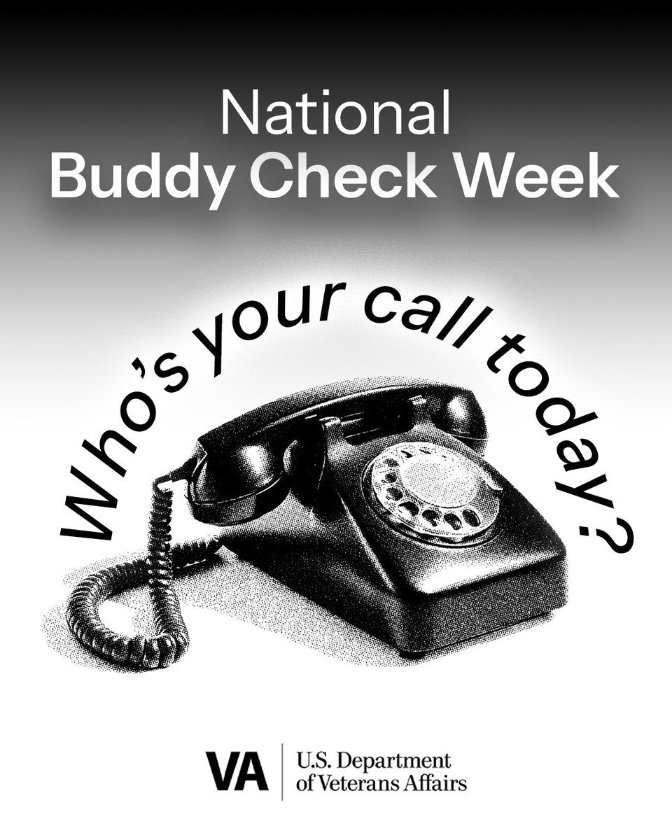 DeptVetAffairs's tweet photo. It’s National Buddy Check Week!

Let this serve as a reminder to pick up the phone and check in on your friend ❤️ https://t.co/rV5pWECIS5