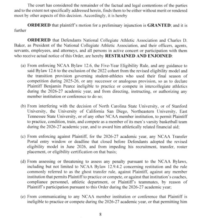 samcehrlich's tweet photo. NEW: Ex-Emory star men's basketball player Ben Pearce has been granted a preliminary injunction by a New York state court, allowing last year's Division III men's basketball player of the year to play Division I basketball in 2026-27. https://t.co/6vLwLv73e8