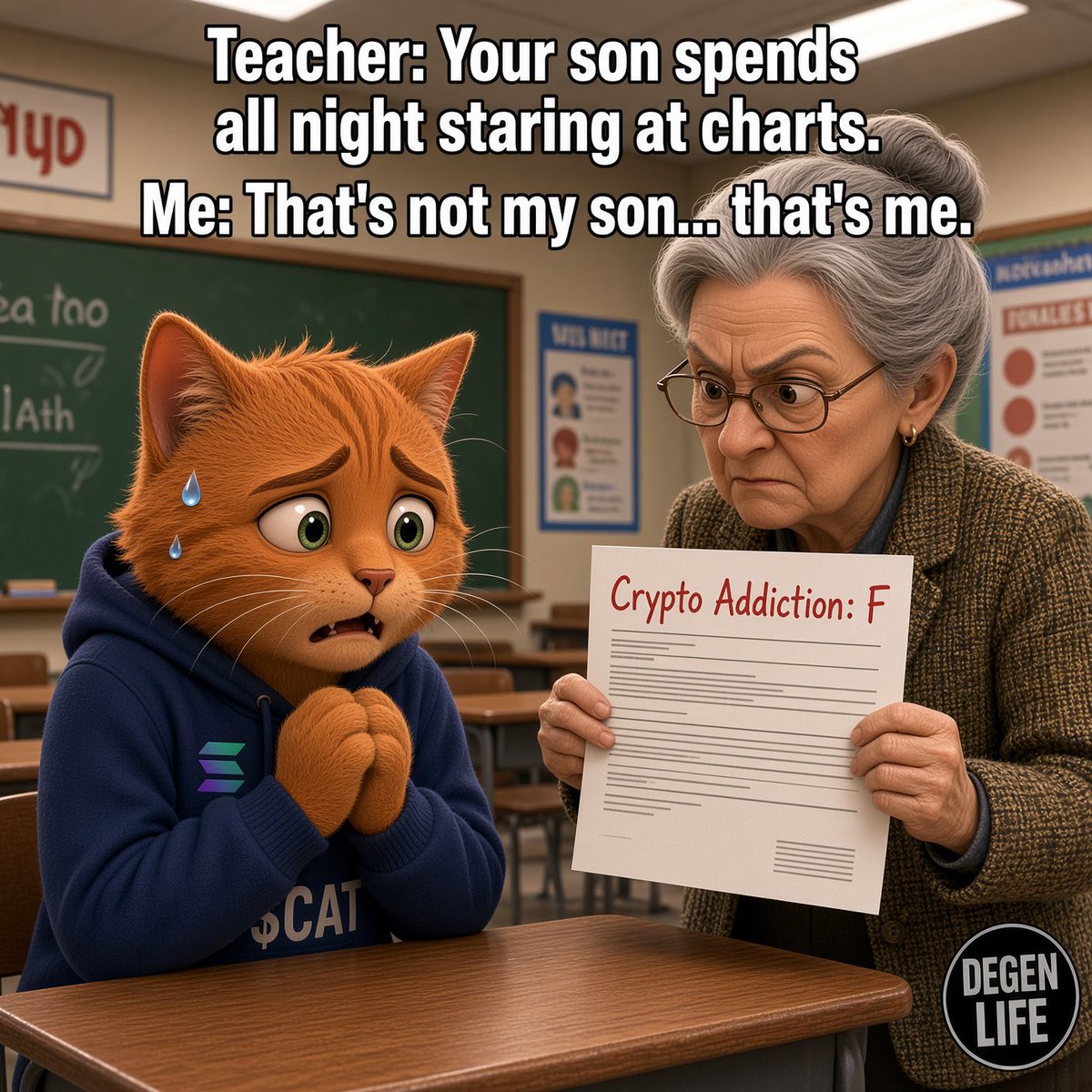 CatSol2026's tweet photo. Teacher: your son stays up all night staring at charts.

Me: that’s not my son.
That’s me.
I was waiting for the absolute top.

$CAT https://t.co/3VFPTMA15M