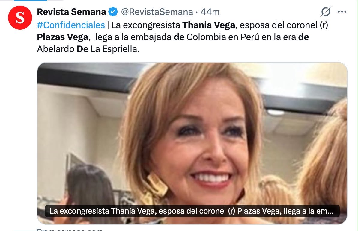MariaFdaCabal's tweet photo. Le deseo a Thania Vega de Plazas muchos éxitos como embajadora de Colombia en Perú. Una mujer que ha defendido con firmeza a su familia y a nuestros héroes representará al país con compromiso y patriotismo. 🇨🇴🇵🇪 https://t.co/DfpOjYsB35