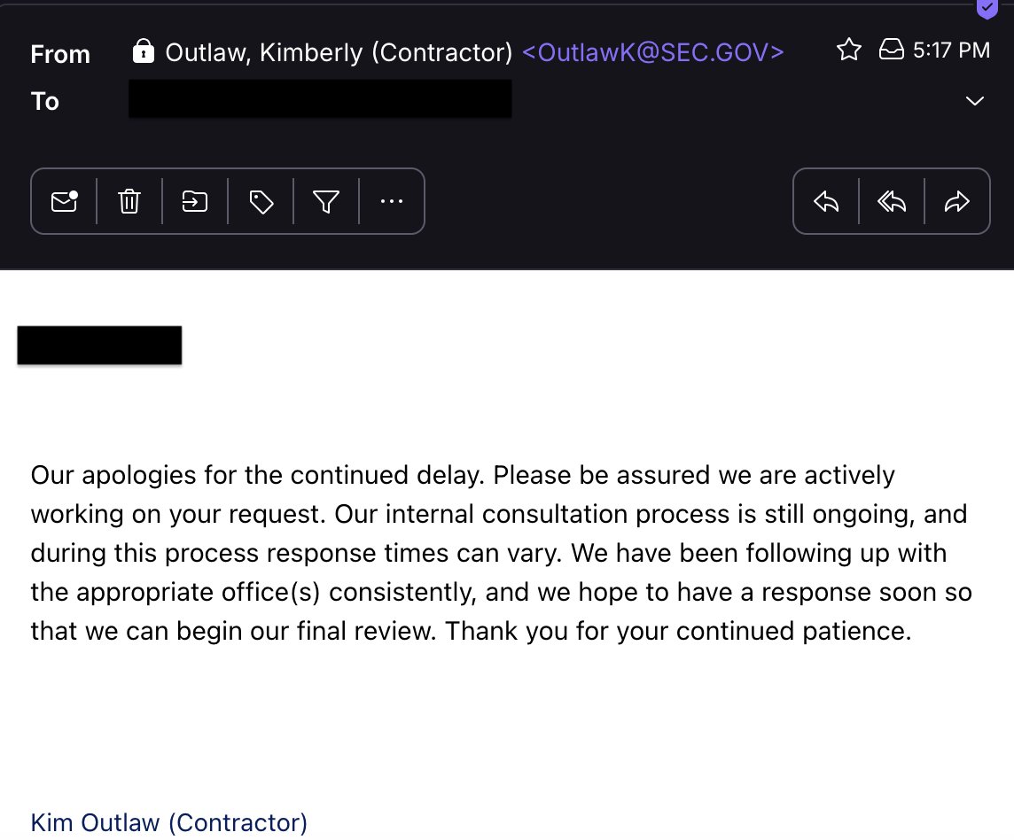 Stef_carpedm's tweet photo. This just in!

Literally just sent to me regarding my previous post. See image of email timestamped 5:17pm today. Same cookie-cutter language...delay, delay, delay. https://t.co/vfEXn4kka1
