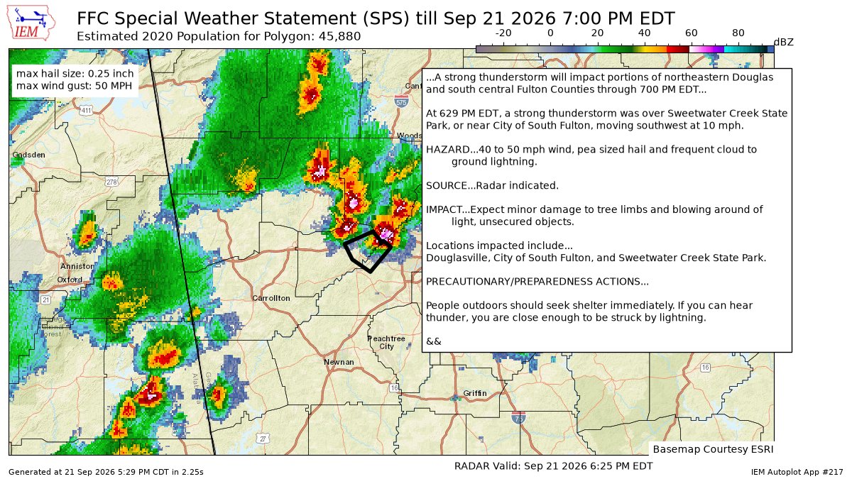 iembot_ffc's tweet photo. A strong thunderstorm will impact portions of northeastern Douglas and south central Fulton Counties through 700 PM EDT [wind: 50 MPH, hail: 0.25 IN] for Douglas, South Fulton [GA] https://t.co/3W2Zhto7Zl https://t.co/ckxA1aknES