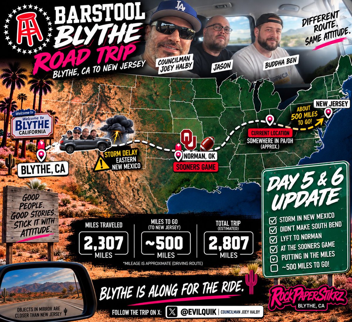 RockPaperStikrz's tweet photo. DAY 5 &amp; 6 🚗💨 No fun stops this time. @evilquik , @BenFredette &amp; Jason have been putting in the miles. Monday morning they were 972 miles out and kept rolling. Now they’re roughly 500 miles from New Jersey. 🏁

Almost there. Blythe is along for the ride. 🌵

#BarstoolBlythe https://t.co/Bjqzhp254a