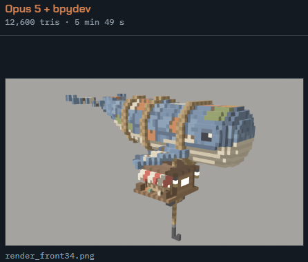 MoazUnique's tweet photo. This MCP is crazy. Same Blender brief, Opus 5 med in Claude Code vs GPT 6 Astra High in Codex.

bpydev + Opus: 5m 49s, 1.01M tokens
lab + Opus: 8m 02s, 1.68M tokens

Both Opus runs: 15% of Claude Pro 5h limit
Astra alone: 22% of Codex Plus

Full results: https://t.co/9OQtGoctQD https://t.co/ELpl01kPUq
