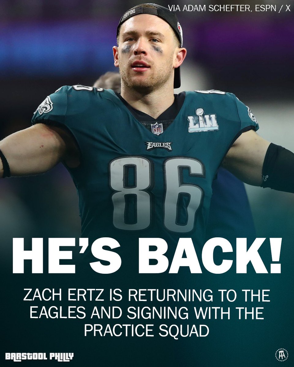 BarstoolPhilly's tweet photo. Welcome home, Zach Ertz!

With Dallas Goedert sidelined a few weeks due to a sprained MCL, the Eagles signed Ertz to the practice squad https://t.co/OXJ51vwNzb