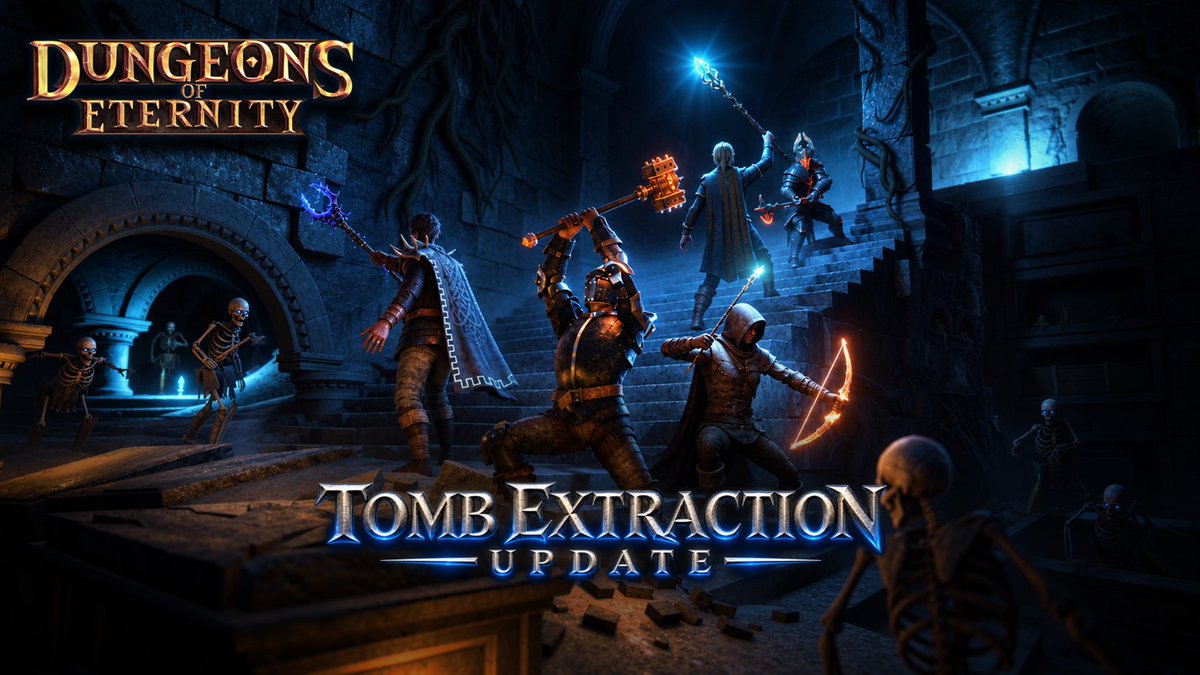 DungeonsVR's tweet photo. 👋 Greetings Explorers!

🔥 Today we are releasing a huge free update featuring a new game mode, first-person avatar arms, Steam Frame and Open XR support, improved visuals and performance, and so much more!

🥽 Steam Frame + OpenXR
Dungeons of Eternity is Steam Frame Verified! This build features finger tracking, rebindable
SteamVR input, and its own graphics settings — plus experimental OpenXR support
for PCVR.

🪦 Tomb Extraction Mode!
Beyond the ominous skull cave lies a gateway to a new realm on Eternity. The Nova Guild has discovered a vast network of dark crypts, lit only by magic. Explorers should explore this new territory for resources.

🔮 Collect Crypt Runes in Dungeon Raid, then dial your destination at the new Crypt Dialing Device in the Outpost — your rune combination shapes the crypt and the loot inside, and combos can be shared with other explorers. Beware - extract and you keep it all, fall and you lose it all!

💀 What awaits in this mode? New loot, weapons, enemies, and over 60+ new chambers. Keep reading for more details!

⚔️ Crypt Weapons
You won't bring your loadout into the tombs — you'll find what you need down there.
The Crypt Keeper's Staff sends a guided orb of light ahead of you. Pull trigger again to detonate the light orb.
The Tomb Breaker Hammer smashes open sealed tombs and works well against armored enemies.
The Gravelight Bow illuminates crystal lights and explodes on impact.
The Necromancer Staff charms an enemy to fight at your side!
Skull Daggers are useful against all enemies and stealth kills, and can be found throughout the crypts.

🛡️ New Enemy: Crypt Guard
The Crypt Guards patrol the crypt halls and can hear your voice and your magic, investigate sounds, and alert each other. Skeletons spawn in new, occasional-jump-scare ways.

💍 New Loot: Rings, Auric and Spectral Weapons
A new equippable Ring slot with over 30 rings to find and collect, each with its own perk. Visible on your avatar, your teammates, and your own hands. Plus, two new legendary weapon classes: Auric weapons shake coins loose from the undead, and Spectral weapons echo your damage through them a moment later.

🤝 Avatar Arms, Damage Points, and more
- First-Person arms and hands now change to match your avatar
- EVERY player can carry a torch in dark rooms, thanks to an all-new lighting system
- Experimental Offline Mode — run dungeons with no connection
- Damage points and multipliers rising off enemies (toggleable)
- Your inventory items now stay with you when you leave the game
- ...and more!

🔧 Looks Better, Runs Better, Everywhere
We overhauled lighting and rendering across the entire game: directional lightmaps (the same tech behind Half-Life: Alyx), volumetrics and many more real-time lights on Quest, optimized shaders, faster dungeon loads, network improvements, and avatar improvements. We have also enabled Graphic Settings for all platforms, letting users tweak for immersion or performance.

🎻 And More...
There's a Lute in the Outpost sitting area — 16 chords, power chords, real strumming, fully networked. Serenade your party. 🎵 And say hello to Nova with our new experimental voice commands (on-device, push-to-talk, opt-in) — she understands sit, stay, follow, shake, and more.

🙌 Cheers!
Thanks to the community's patience with us on this update. We crammed a lot in, improved and optimized, Steam Frame verified - it was a big one! However, the game's 3-year anniversary is approaching and we plan to do a small update for that.
Three-year anniversary is coming up soon! Stay tuned for more dungeons content!
Full release notes will be released soon.