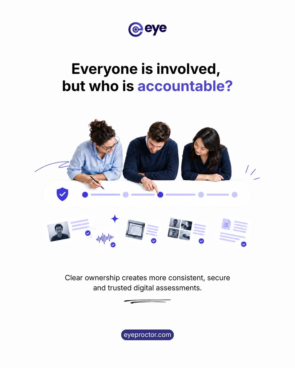 eyeproctor's tweet photo. Digital assessments involve multiple stakeholders, but ownership should never be unclear.  

When responsibilities are defined, assessments become more consistent, accountable, and trusted.  

👉 To learn more: https://t.co/4Cx20VCn2g https://t.co/BuTnHpixJI