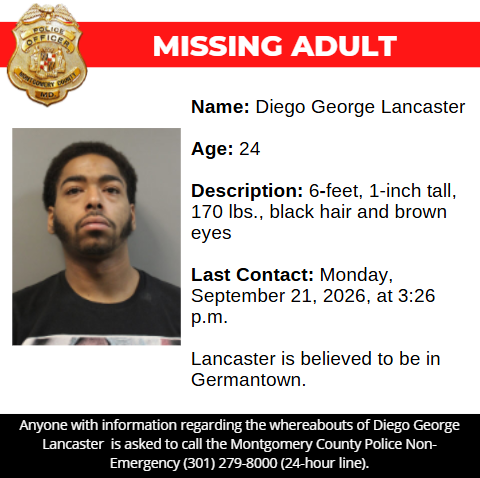 mcpnews's tweet photo. Detectives from the Montgomery County Department of Police – 5th District Investigative Section are asking for the public’s assistance in locating Diego George Lancaster, a missing 24-year-old from Germantown.

https://t.co/15gRUQiiYL

#MCPNews #MCPD #MissingPerson https://t.co/VxhnPZ0h5m