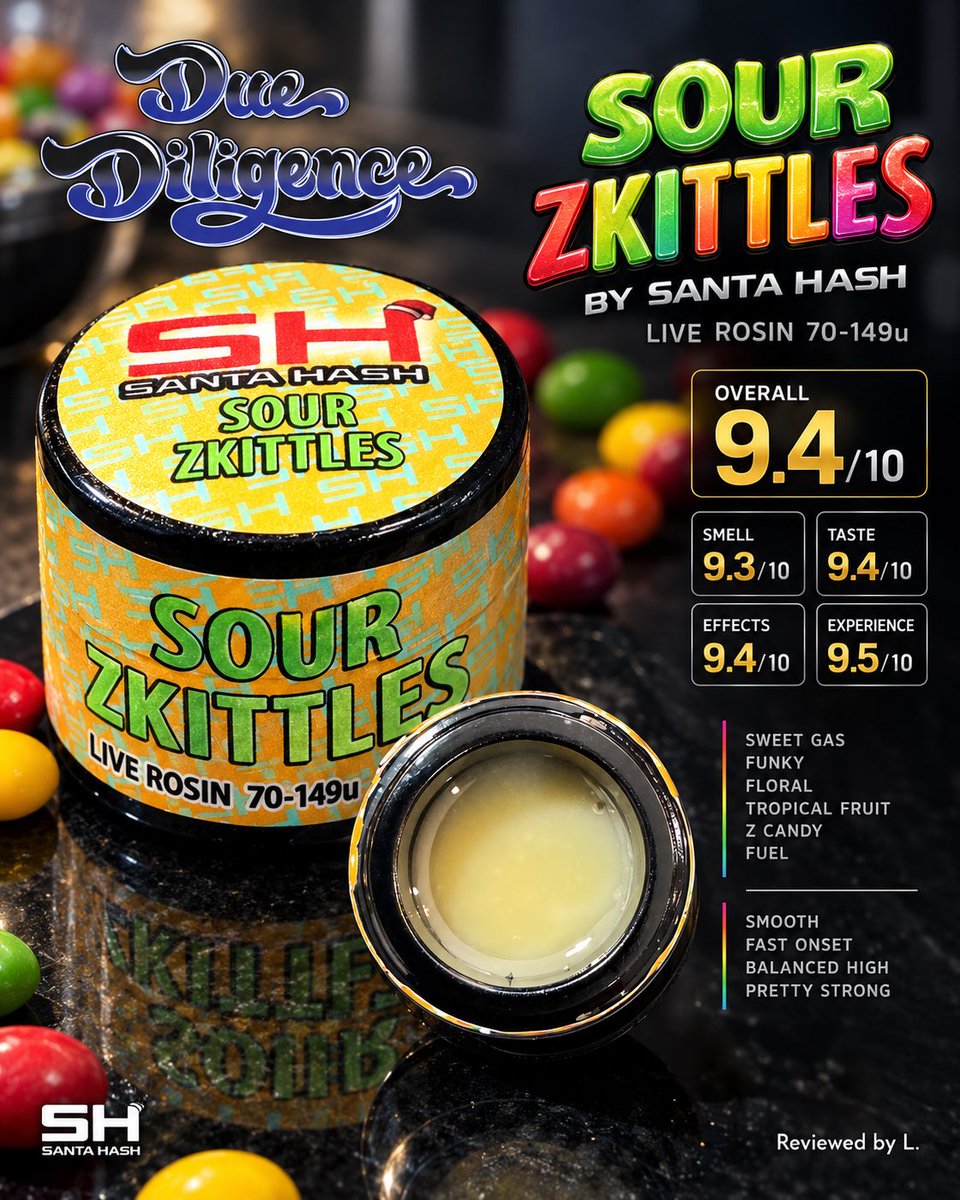 DueDiligence420's tweet photo. Sour Zkittles by Santa Hash
Live Rosin 70-149u
#SantaHash
Smell 9.3/10
Taste 9.4/10
Effects 9.4/10
Experience 9.5/10
Overall 9.4/10
Notes
Smell/Taste
Sweet gas
Funky
Floral
Tropical fruit
Z Candy
Fuel
Perfect combination of z and sour flavor
Experience/Effects
Clean chamber after dabbing
Smooth
Onset of the high is fast
Feels like balanced hybrid high
Pretty strong
I’m so high right now and I’m about to go on a jog
It was a good jog I was pretty stoned the whole way through
Reviewed by L