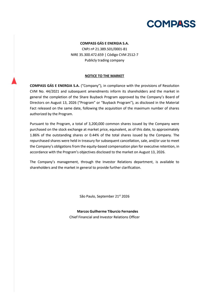 RiscoRetorno's tweet photo. #PASS3: Compass encerrou programa de recompra após atingir o limite autorizado. Foram adquiridas 3,2 milhões de ações, equivalentes a 1,86% do free float e 0,44% do total. Papéis ficarão em tesouraria para possível cancelamento, venda ou remuneração de executivos. https://t.co/yZjXik7FQt