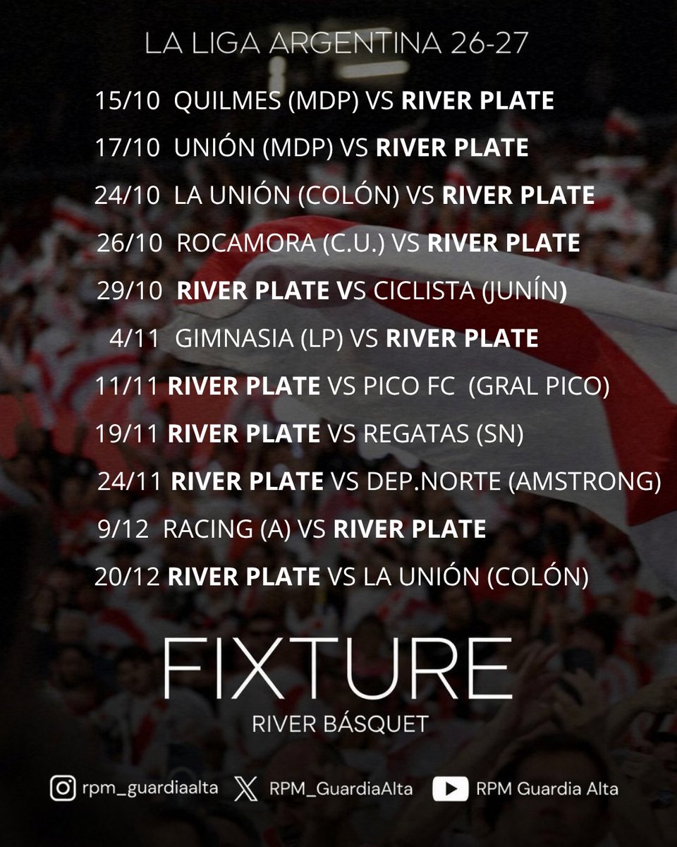 RPM_GuardiaAlta's tweet photo. 📇 HABEMUS FIXTURE DE RIVER BÁSQUET PARA LA @LigaARGbasquet 2026-2027
#River comienza una nueva ilusión y este será el camino 🏀⚪️♥️⚪️ https://t.co/s58aVmglKE