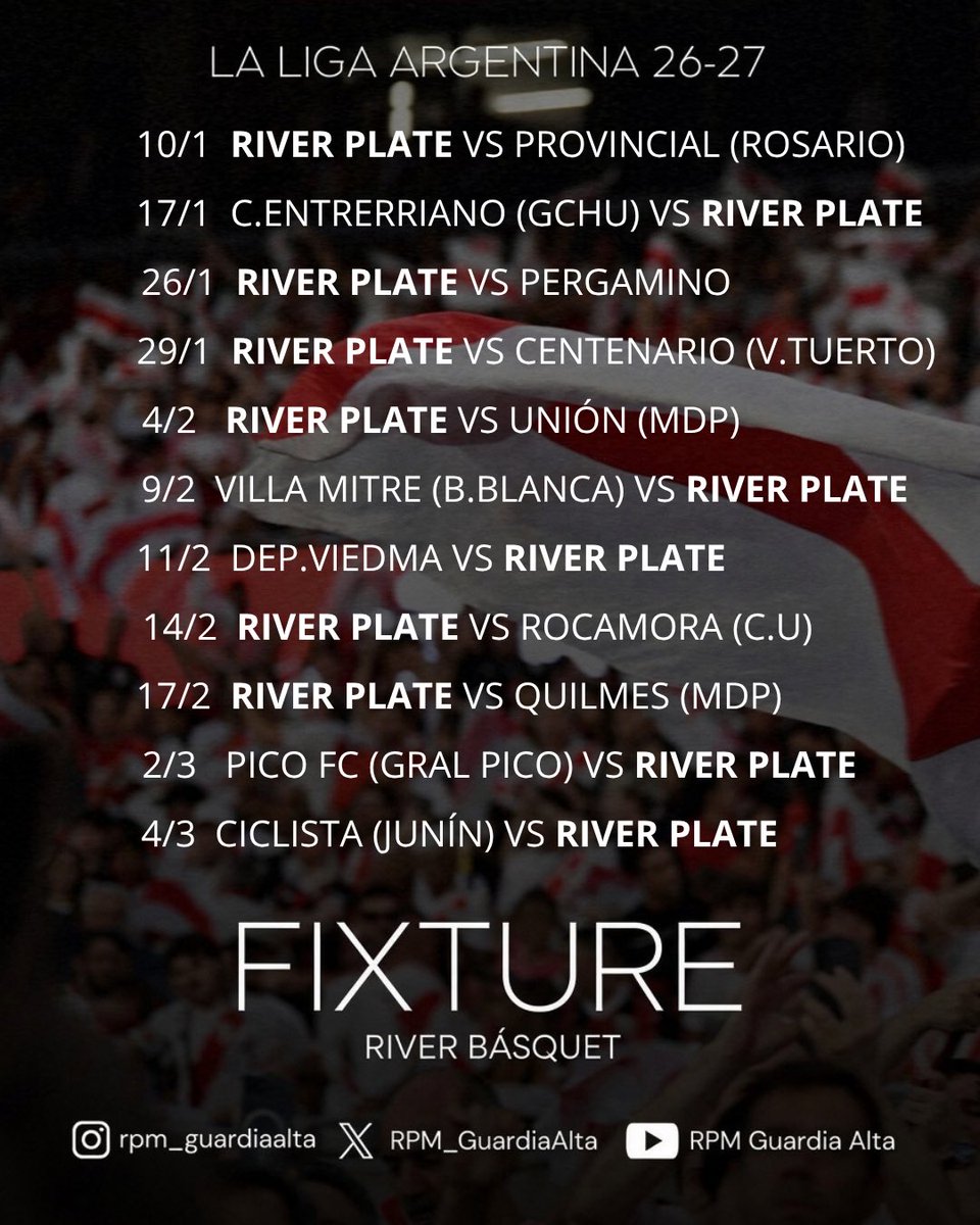 RPM_GuardiaAlta's tweet photo. 📇 HABEMUS FIXTURE DE RIVER BÁSQUET PARA LA @LigaARGbasquet 2026-2027
#River comienza una nueva ilusión y este será el camino 🏀⚪️♥️⚪️ https://t.co/s58aVmglKE