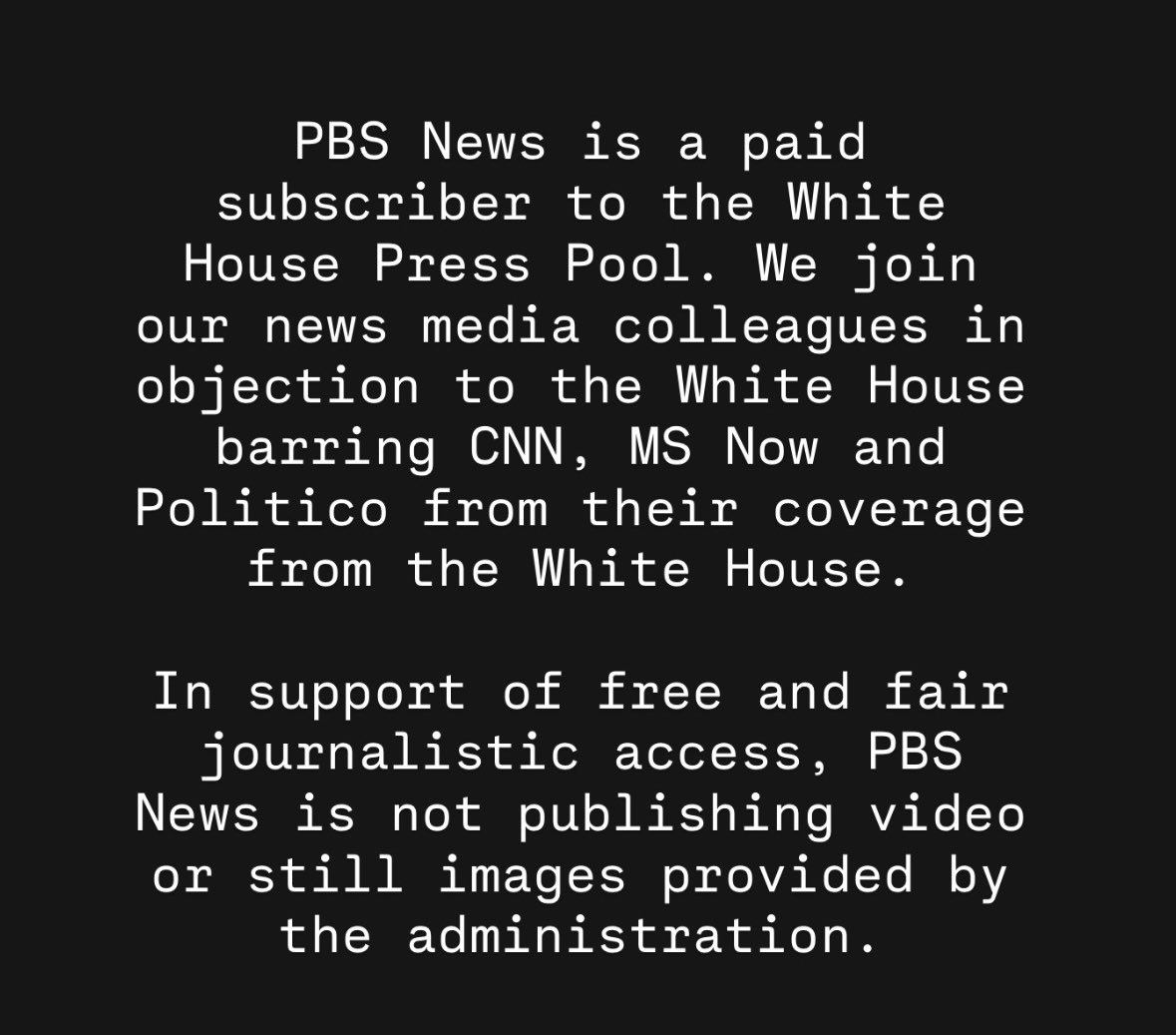 RealAmnaNawaz's tweet photo. PBS News statement on CNN, MS Now, and Politico being banned from the White House. https://t.co/NUKALjpwSl