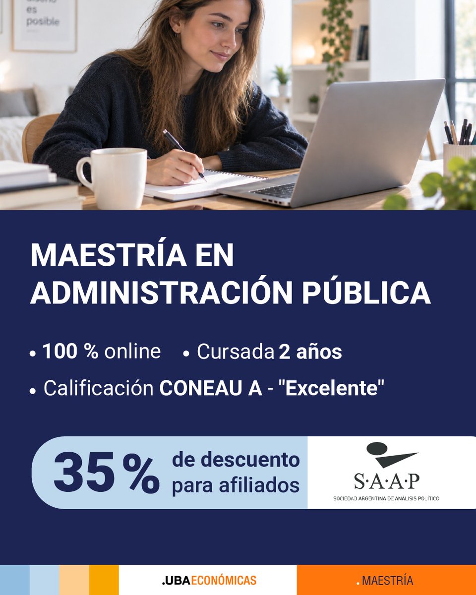 RedSAAP's tweet photo. Maestría en Administración Pública
@fceuba 
💻 Modalidad 100% ONLINE
🗓️ Inicio MARZO 2027
⭐ Calificación "A" de CONEAU
✅ Si sos socio de SAAP tenés 35% de descuento
INICIA: Marzo 2027
WEB: https://t.co/iNSAumz2Xg
Informes y consultas: mapoo@posgrado.economicas.uba.ar https://t.co/Ad5EPPU0L5