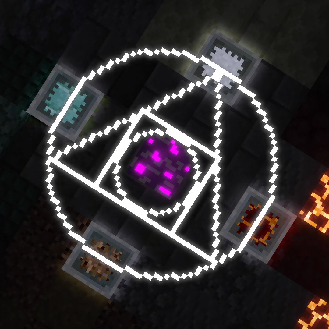 A Minecraft screenshot showcasing a magic circle comprised of different elements.