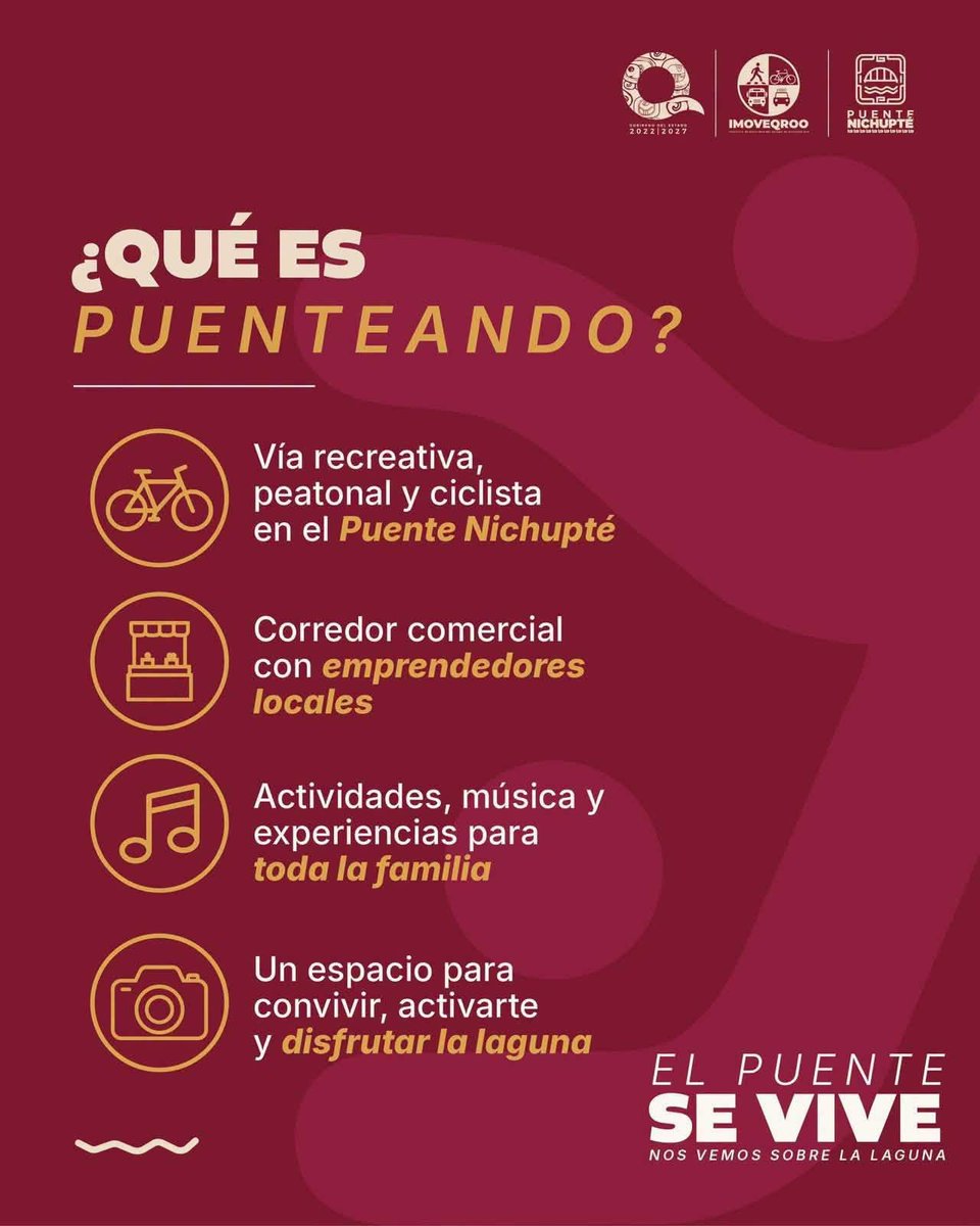 MaraLezama's tweet photo. 🌉🚶🏻‍♀️🚴🏻‍♂️ Amig@s, este domingo 27 de septiembre, #PuenteAndo regresa con su 3.ª edición para disfrutar juntos del #PuenteNichupté de una manera diferente.

Camina, corre, patina, pedalea y disfruta en familia de una tarde llena de movimiento, diversión y talento local con el pabellón de emprendedores. ✨

⏰ 5:00 p. m. a 9:00 p. m.

Nos vemos sobre la laguna. 🌊