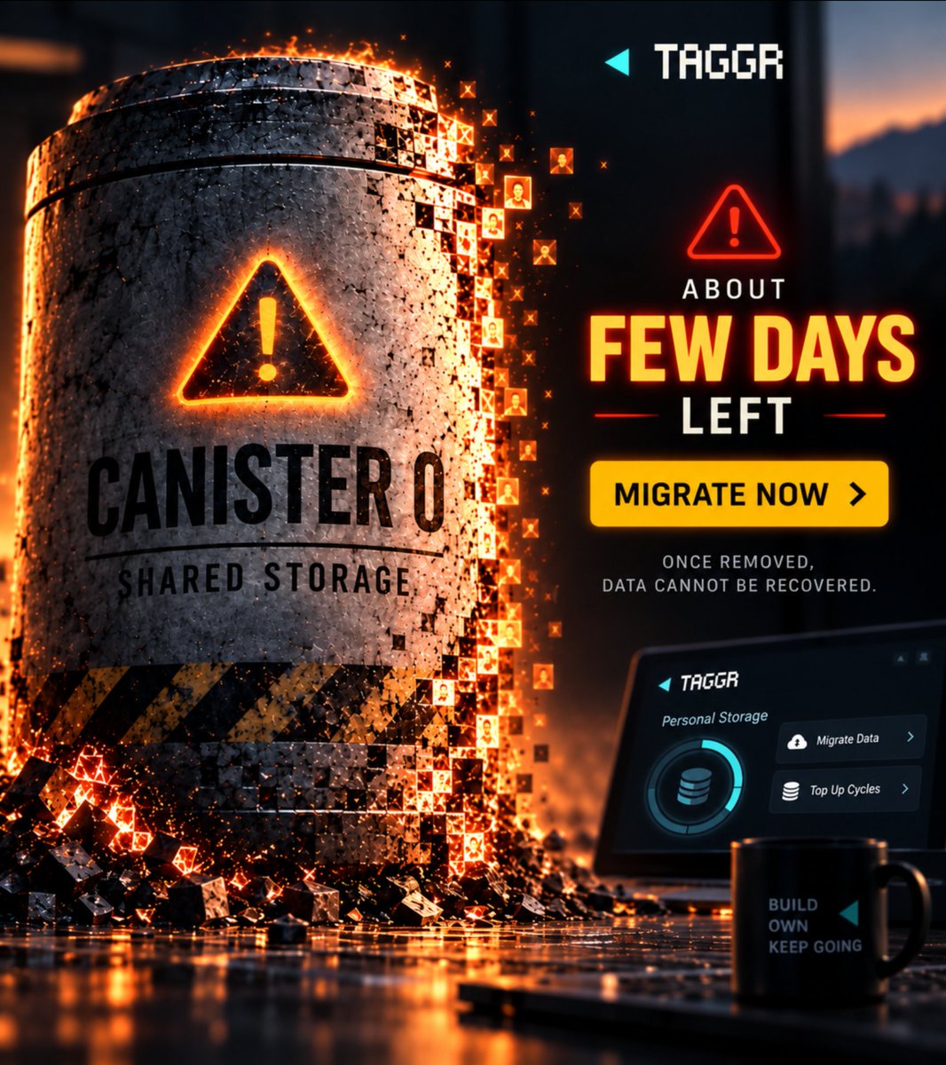 BitWalker_'s tweet photo. Last reminder 🚨🚨🚨

#TAGGR Storage 0 canister will be removed in a few days.

If you still have data that has not been migrated, this is your final window to move it to your personal storage canister.

Most active users have already migrated. If you have not done it yet, please do not leave it for the last moment. Once Storage 0 is removed, any data left there will no longer be recoverable.

@TAGGRsocial is moving to a more personal ownership model:  your content, your storage, your responsibility.

If you want to keep your photos, media and other stored data, migrate now and make sure your personal storage canister is properly funded with cycles.

A few days left.
Don’t wait until it’s too late. internet-computer:native