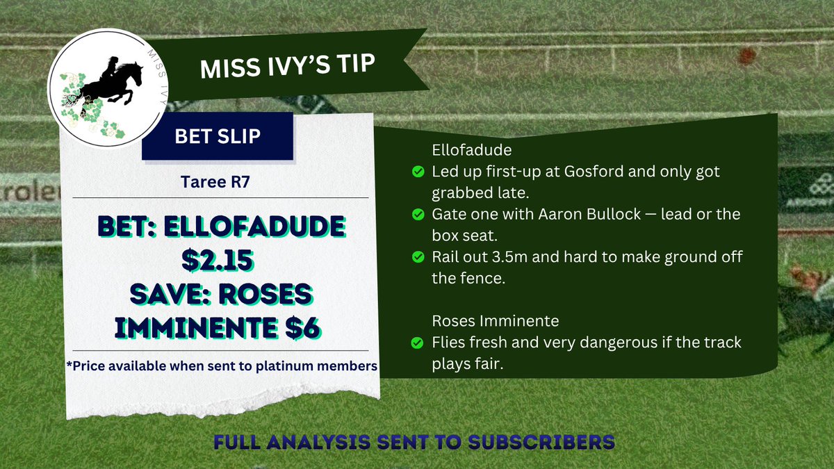 MissIvystips's tweet photo. * Today's Tip ๐* :: ๐Taree R7
โก๏ธ BET: Ellofadude $2.15 (TAB/Ladbrokes)
โก๏ธ SAVE: Roses Imminente $6 (TAB/Sportsbet)
#tareeraces #ellofadude #aaronbullock #rosesimminente #horseracingtips https://t.co/oXd1pFRicA