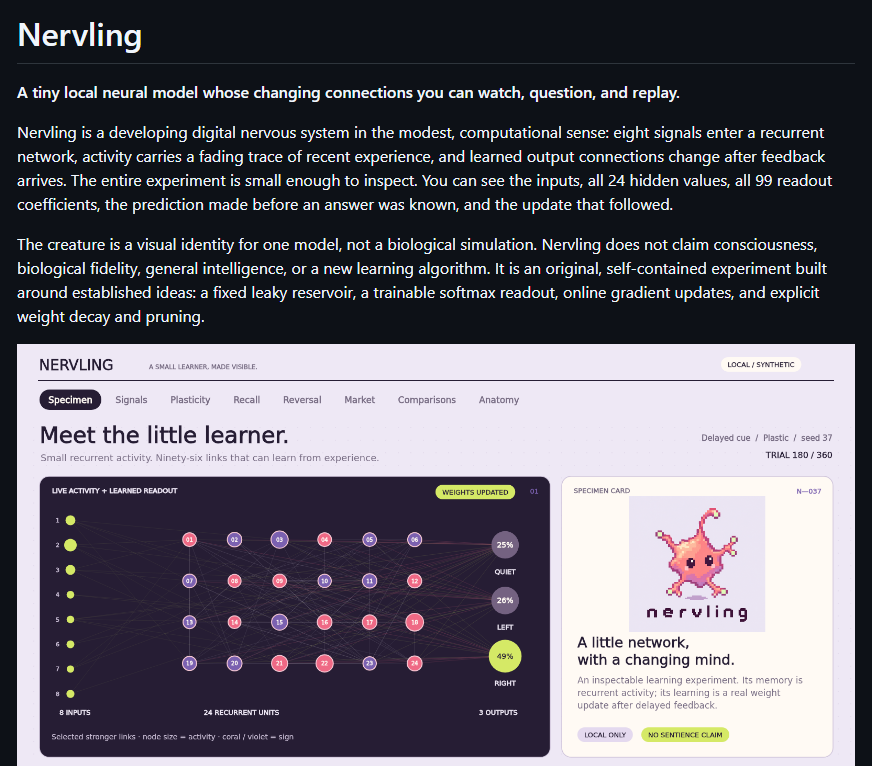 ashleyotooligan's tweet photo. What if Jev had a tiny companion?

I built Nervling, a tiny digital nervous system.

Experience leaves a trace. Connections change with feedback. When the rules change, it learns again.

You can watch the activity and inspect every learned connection.

https://t.co/jHdYZXY14m https://t.co/2bIAINaF60