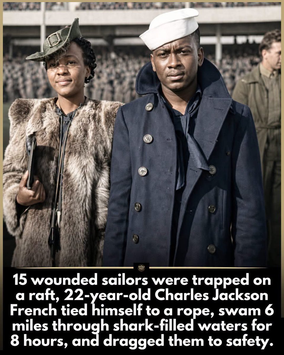 JBMAGA03's tweet photo. 🇺🇸 REAL AMERICAN HERO 🇺🇸

22-year-old Navy sailor Charles Jackson French didn’t hesitate.

After the USS Gregory was sunk off Guadalcanal in 1942, 15 wounded shipmates were drifting toward Japanese-held shore.

French tied a rope around his waist and swam 6–8 hours through shark-infested waters, towing the raft to safety.

No cameras. No press conference. Just guts.

This is what service looks like.
