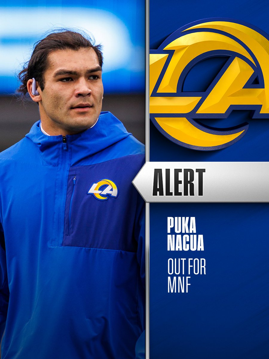 Rams WR Puka Nacua (hip) inactive tonight vs. Giants. 
 [📷](https://pbs.twimg.com/media/HSxos--XQAAjMkc.jpg) https://pbs.twimg.com/media/HSxos--XQAAjMkc.jpg ht