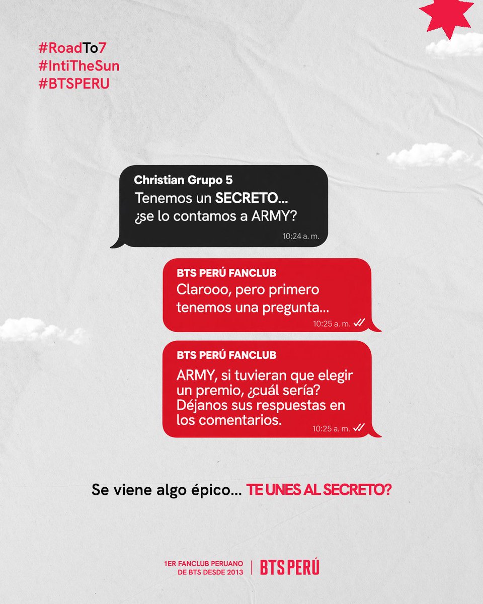 bts_peru1's tweet photo. 👀❤️ ARMY, TENEMOS UN SECRETO…

@elgrupo5oficial  y Christian del GRUPO 5 tienen un secreto que quieren revelar, pero antes queremos conocer su opinión. 👀✨

Si pudieran elegir un premio, ¿cuál sería? 👀🎁
Los leemos en los comentarios porque… se viene algo épico. 🔥

¿Te unes al secreto? 🤫❤️

🔗 Descubre más sobre ROAD TO 7 aquí:
https://t.co/zSyjKaX97r

#RoadTo7 #IntiTheSun #BTSPERU #Grupo5