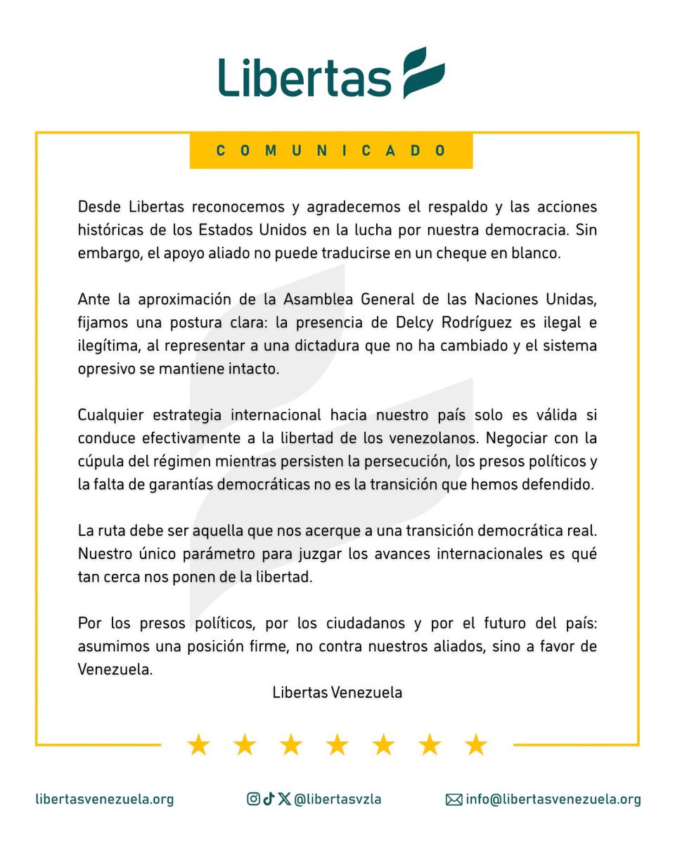 Libertasvzla's tweet photo. #COMUNICADO | Rechazamos la presencia de Delcy Rodríguez en la ONU por representar a una dictadura opresora.  

Negociar con la cúpula mientras continúan los presos políticos no es la transición que defendemos. Nuestro parámetro es la libertad real. https://t.co/qD2GFactJp