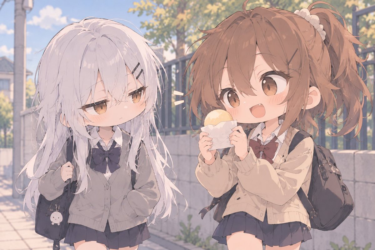 chibihoukago's tweet photo. 陽菜「秋、見つけた」

澪「……食べ物で？」

#ちび放課後 #AIイラスト #オリジナルキャラクター https://t.co/uPsbcQTydG