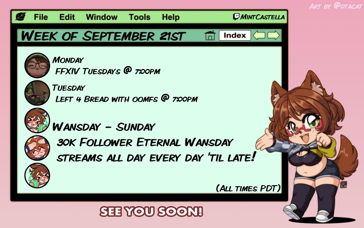 mintcastella's tweet photo. schedule! collabs mon/tues, and then starting wansday at 5:30pm, marathon streams!!! i'll be going every day from when i wake up til i fall asleep to celebrate 30k followers and hang out with you guys yay!! see you there!! https://t.co/oOtWcpRC7p