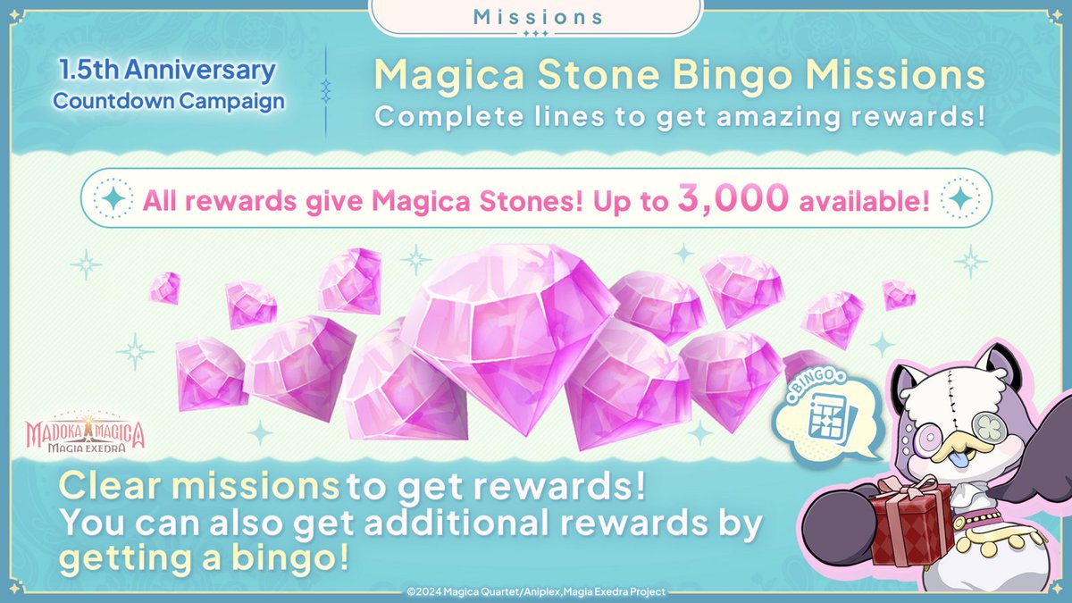 madoka_exedraEN's tweet photo. Available until 9/27 (Sun) 20:59 (UTC+9)!
1.5th Anniversary Countdown Campaign
✦•┈┈┈┈┈┈•✶• ┈┈┈┈┈┈•✦
Campaign where you can get up to 4,500 Magica Stones as well as training materials ending soon!
Don't miss out!🌟

✅Up to 1,500💎from login bonuses!
✅Up to 3,000💎from bingo missions!
✅Training materials🔮from countdown missions!

#madoka_exedra