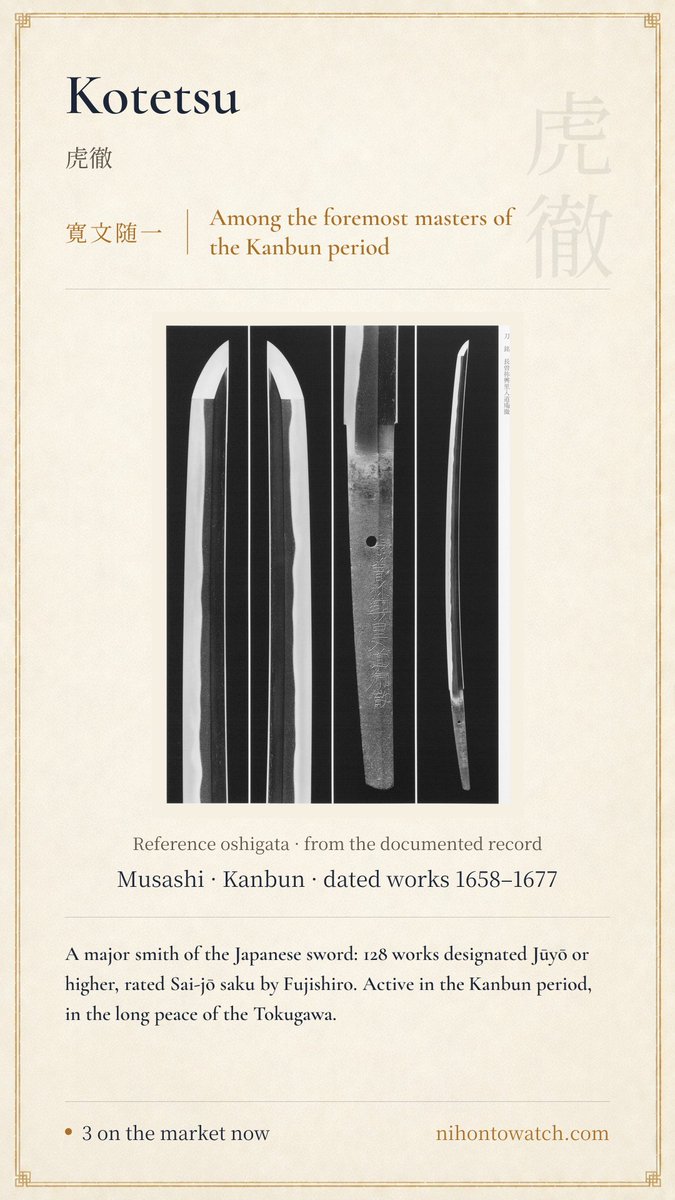 NihontoWatch's tweet photo. Kotetsu worked in Musashi Province during the Shinto era. Many of his blades carry gold-inlaid cutting attestations, as proof of performance mattered in the Edo market. He ranks with the foremost masters of the Kanbun period. https://t.co/dqL4RGoP4L