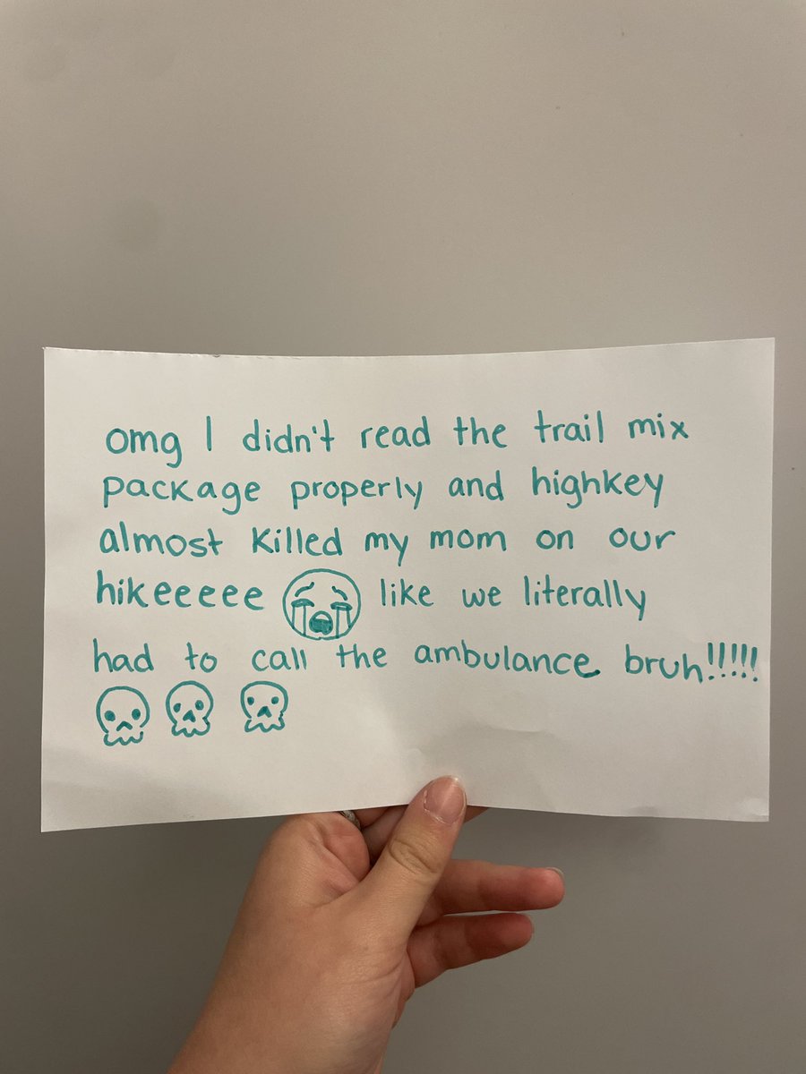 evilsockz's tweet photo. today in class (postgrad university program btw) I had to write a Twitter post from the perspective of a 15 year old girl who gave her allergic mom peanuts on a hike by accident and read it out loud to the class https://t.co/qoADab2dT2