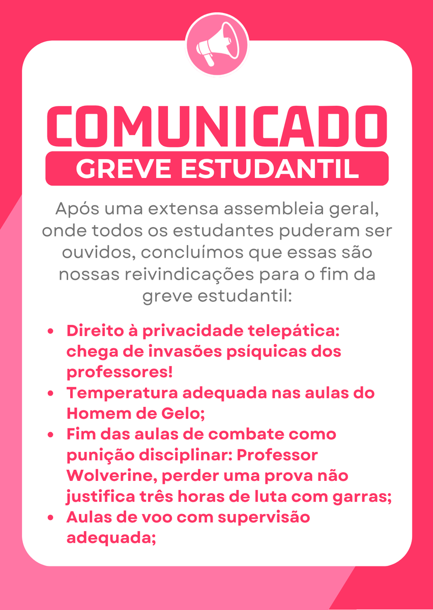 gardenofairies's tweet photo. Após a realização de uma assembleia geral, chegamos no consenso que, para o fim da greve, as seguintes reivindicações devem ser atendidas.

Nossas necessidades como jovens mutantes não podem mais passar despercebidas. #ÉGreve! #VemPraRua! https://t.co/ROPiKiZLDU