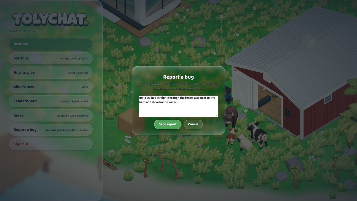 tolychat's tweet photo. Islandbound — Updates 2026-09-21 (v0.32–v0.33)

• A hand from the sky: point at any animal and right-click — it lifts it by the scruff like a puppy.
• The animal dangles under the hand and swings as you move the mouse; right-click again to set it down.
• Strayed cows, sheep and hens go wherever you point — a tree, a wall or the water is no place to land.
• Report a bug: Menu → Report a bug (or Settings → Game) sends Robbie a screenshot and your island file.

#solana #indiegame #gamedev