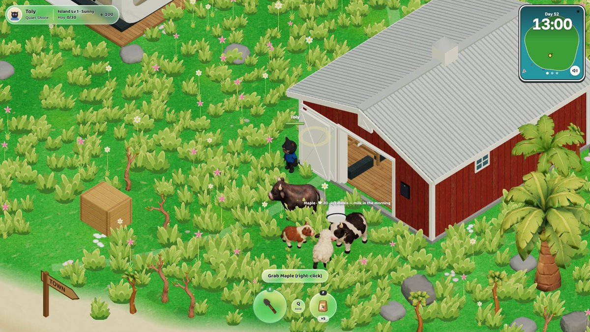 tolychat's tweet photo. Islandbound — Updates 2026-09-21 (v0.32–v0.33)

• A hand from the sky: point at any animal and right-click — it lifts it by the scruff like a puppy.
• The animal dangles under the hand and swings as you move the mouse; right-click again to set it down.
• Strayed cows, sheep and hens go wherever you point — a tree, a wall or the water is no place to land.
• Report a bug: Menu → Report a bug (or Settings → Game) sends Robbie a screenshot and your island file.

#solana #indiegame #gamedev