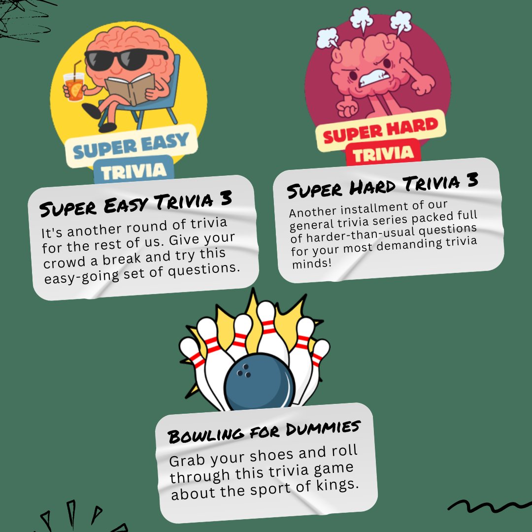 crowdpurr's tweet photo. This week’s lineup is right up your alley! 🎳 From comedy classics to companies of the past and more, there’s plenty of fresh trivia to keep your crowd guessing. 🧠⁠
⁠
Check them out in the #trivia library 👉️ https://t.co/j7Q53AHqwM⁠
⁠
#Bowling #ComedyFilms #TriviaGame https://t.co/bqKfmM5VkI