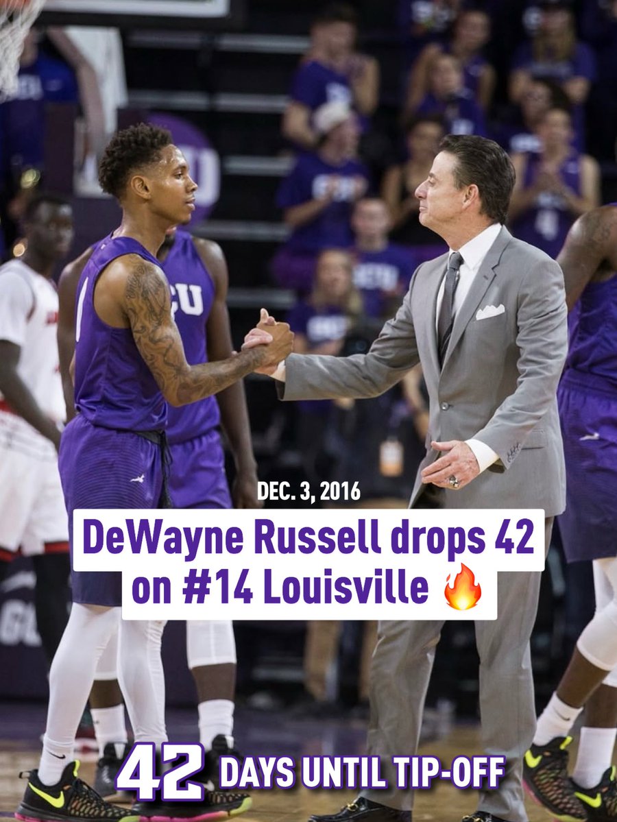 GCU_MBB's tweet photo. With 42 days until the season opener, we look back at the Lopes’ D-I era single game scoring record from DeWayne Russell against No. 14 Louisville back in 2016 🎬🔥 https://t.co/eb61Wbs4iH