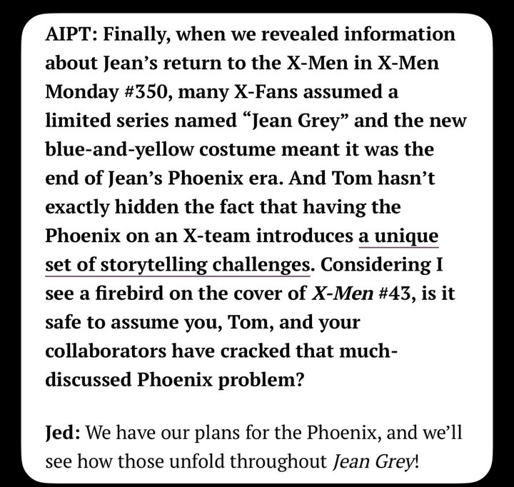 PKerrouche37617's tweet photo. The Phoenix isn’t disappearing. 🔥 It will remain dormant and activate depending on the threat level or when needed. As Tom Brevoort said: “Jean Grey is Phoenix and Phoenix is Jean Grey.” Jean remains the X-Men’s nuclear option. 🐦‍🔥
#xspoiler #Jeangrey #XSpoilers https://t.co/K9PgwrwN1b