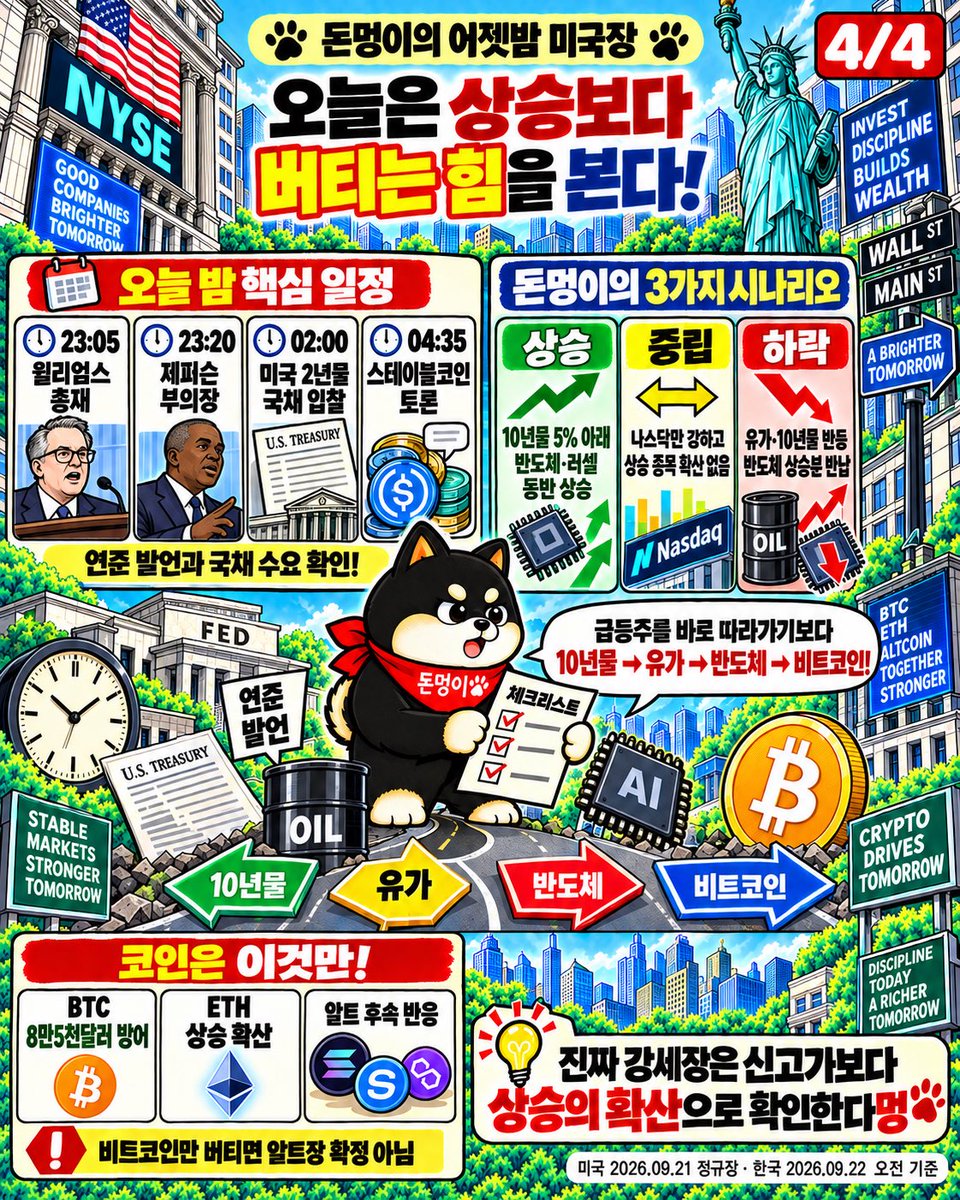 donmeongi's tweet photo. 유가와 10년물이 길을 비켜주자 AI가 다시 전력질주했습니다.

나스닥은 +2.26% 오르며 신고가를 기록했고, AMD·인텔·ARM과 메타가 상승장을 이끌었습니다. 비트코인도 8만6천달러를 돌파하며 코인시장까지 위험선호가 확산됐고요.

다만 러셀2000은 +0.52%에 그쳤고, 나스닥에서는 신고가 종목보다 신저가 종목이 더 많았습니다. 지수는 뜨거웠지만 아직 전 종목 불장은 아니라는 뜻입니다.

오늘은 급등주를 따라가기보다 10년물 5%선, 유가, 반도체 상승 유지 여부와 비트코인 8만5천달러 방어를 순서대로 보려고 합니다.

진짜 강세장은 신고가보다 상승 종목이 넓어지는지로 확인해야 한다멍.

#돈멍이미국장브리핑 #미국주식 #나스닥 #비트코인