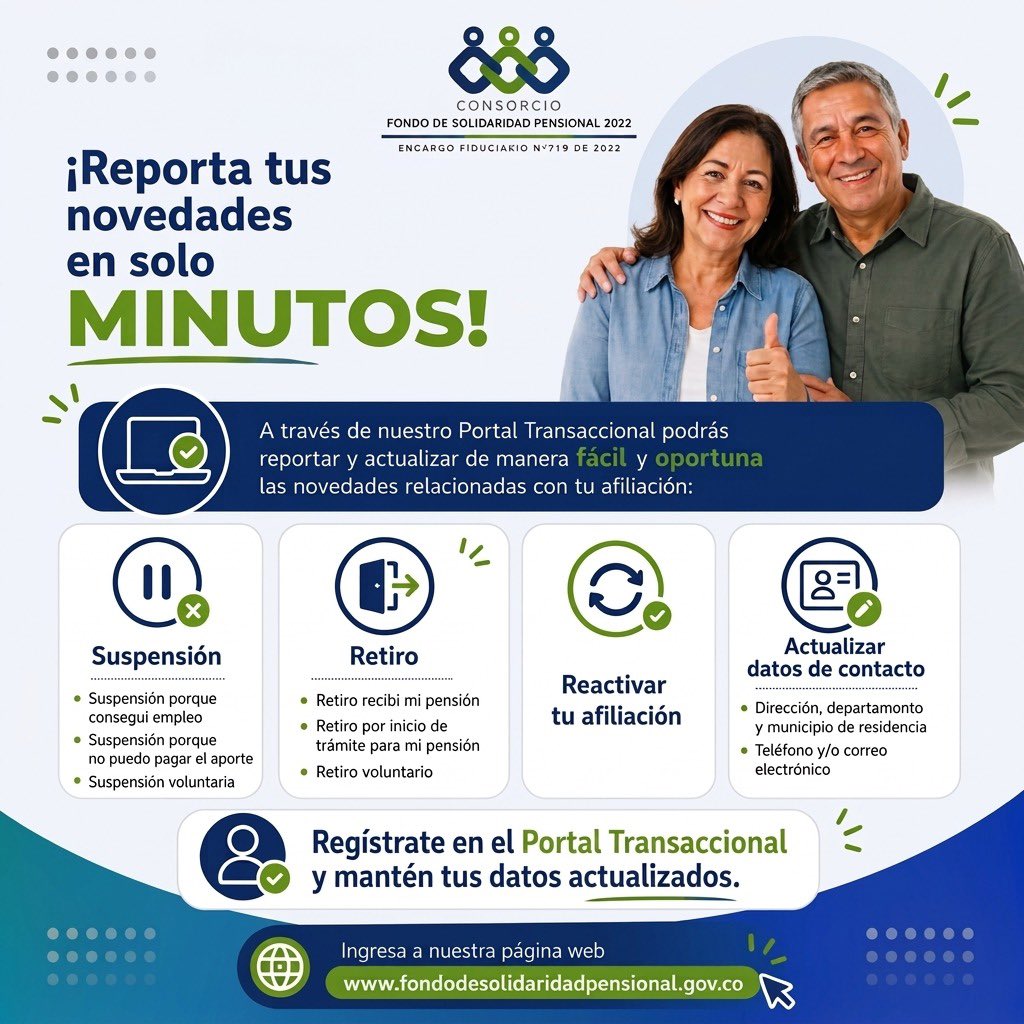 FSP_Colombia's tweet photo. ¡Mantén tu afiliación al día en pocos minutos!
A través de nuestro Portal Transaccional puedes reportar y actualizar de forma fácil y oportuna las novedades relacionadas con tu afiliación:
✅ Suspensión ✅ Retiro ✅ Reactivación de afiliación ✅ Actualización de datos https://t.co/eCojXjlmWH