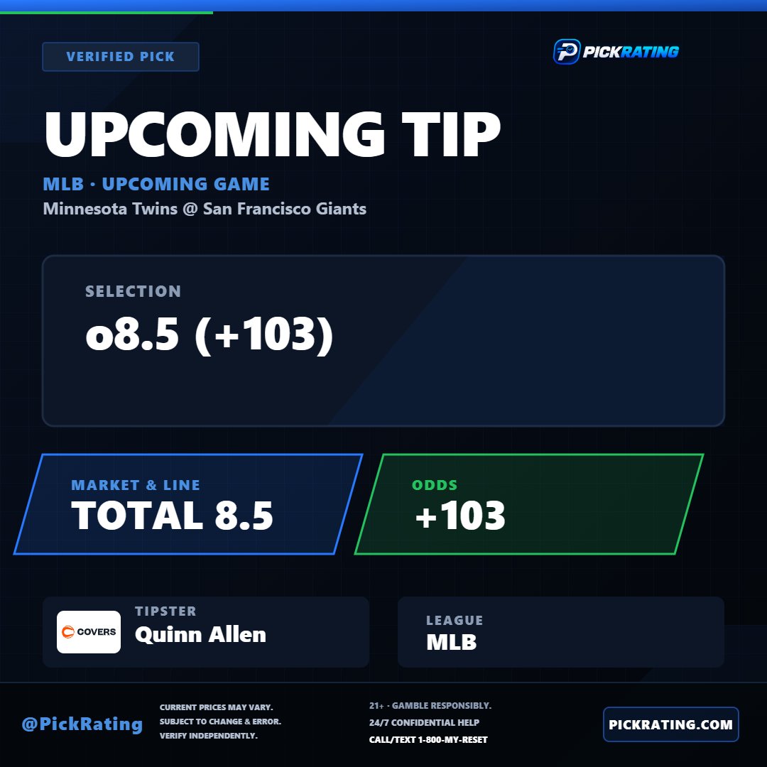 PickRating's tweet photo. MLB · Minnesota Twins @ San Francisco Giants ⚾️

New tracked pick from @quinnallen23:

Over 8.5 (+103)

Plus money on the runs in San Francisco — captured early and officially on the record.

Follow at https://t.co/nJNX61mMMR https://t.co/ttsXtDXNkn