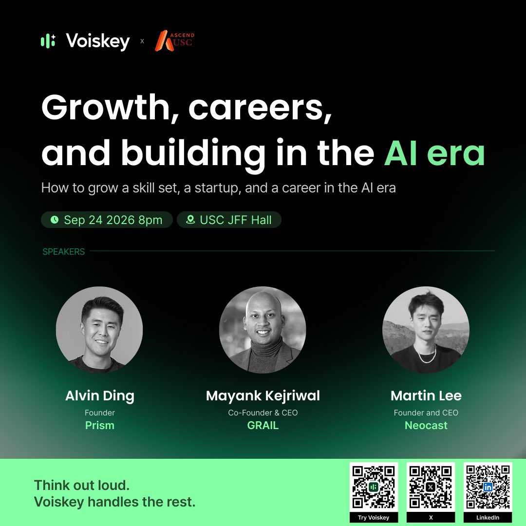 voiskey's tweet photo. Join @voiskey × @AscendUSC for a conversation on growth, careers & building in the AI era. 🚀

Hear from AI founders & builders as they share their journeys, challenges & lessons learned.

📅 Thu, Sep 24 | 8–9 PM
📍 USC JFF Hall
🎟️ Free & open to all USC students

Save your spot: https://t.co/hfaSVNddB6

#voiskey #USC #voiskeyevent #ai