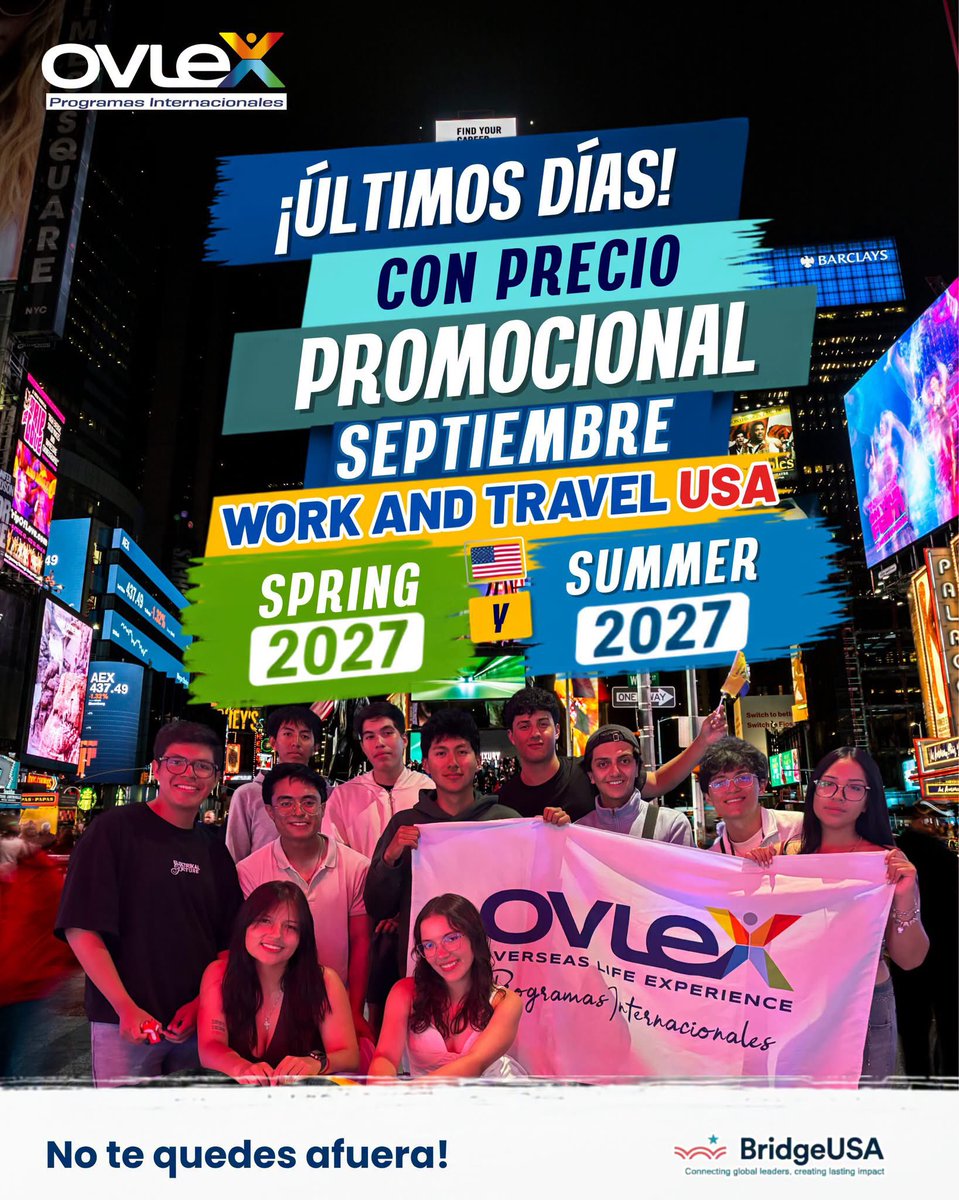 Ovlex_ec's tweet photo. 🚨𝗡𝗢 𝗧𝗘 𝗤𝗨𝗘𝗗𝗘𝗦 𝗔𝗙𝗨𝗘𝗥𝗔! 𝗔𝗣𝗥𝗢𝗩𝗘𝗖𝗛𝗔 𝗘𝗟 𝗣𝗥𝗘𝗖𝗜𝗢 𝗣𝗥𝗢𝗠𝗢𝗖𝗜𝗢𝗡𝗔𝗟 𝗗𝗘 𝗦𝗘𝗣𝗧𝗜𝗘𝗠𝗕𝗥𝗘.

Work and Travel USA en 2027, 𝗲𝘀𝘁𝗲 𝗲𝘀 𝗲𝗹 𝗺𝗼𝗺𝗲𝗻𝘁𝗼 𝗱𝗲 𝗱𝗮𝗿 𝗲𝗹 𝗽𝗿𝗶𝗺𝗲𝗿 𝗽𝗮𝘀𝗼. 🔥

Costa: 0993027535
Sierra: 0985988841

#WAT https://t.co/d5w9966Itg