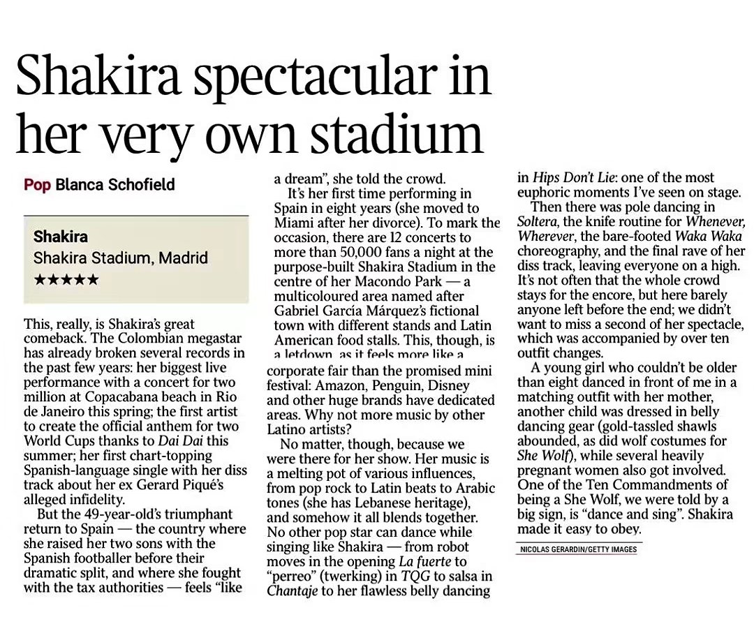 theightday's tweet photo. The Times UK gave Shakira's "Las Mujeres Ya No Lloran World Tour" a perfect 5/5 stars review.

Shakira's previous tour "El Dorado World Tour" also received a perfect 5/5 reviews by The Times UK. https://t.co/gyWEpXYOGT