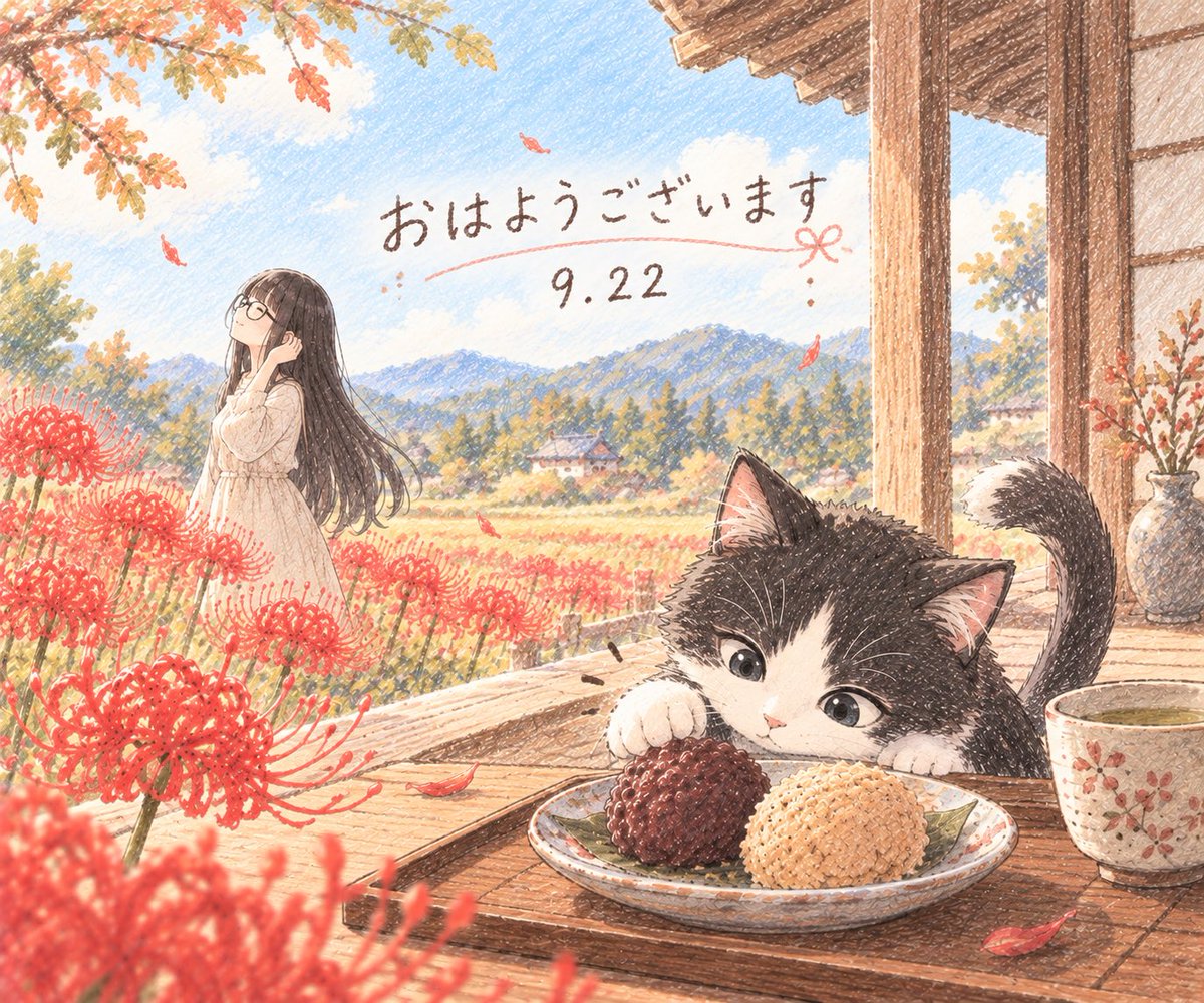 chitoream's tweet photo. おはようございます🌿.∘

おはぎって「お萩」って書くんですね 名前まで秋らしくて素敵🍁

……ところで、そこのハチワレさん。
 おはぎをちょんちょんしないの！

今日も穏やかな一日になりますように🌸

 #おはようＶライバー 
 #秋のお彼岸 https://t.co/96kwx74OM9