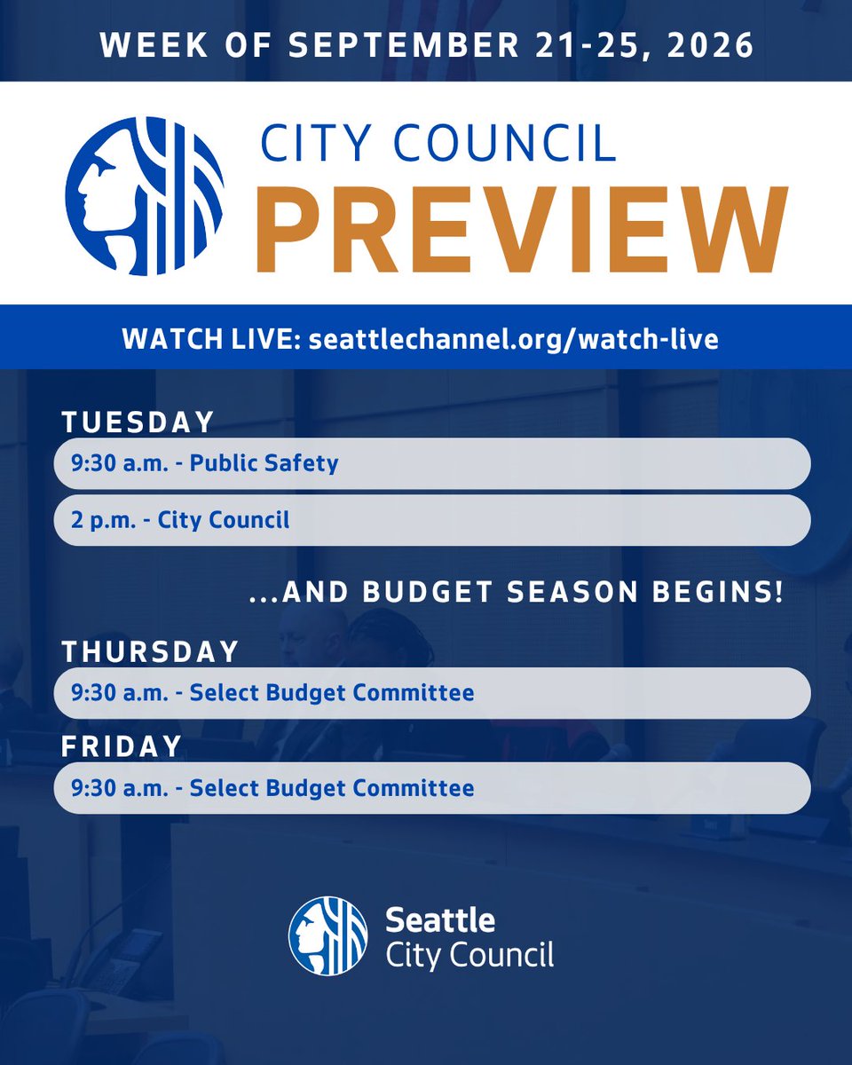 SeattleCouncil's tweet photo. Budget season begins this week! Here’s what to expect at City Hall the week of September 21-25.
Watch live ➡️ https://t.co/82iMiy0B3A
Full agendas 📄 https://t.co/GO3SCnqz2z

Check out the posted agendas for more details. https://t.co/3fFgiP9FWa