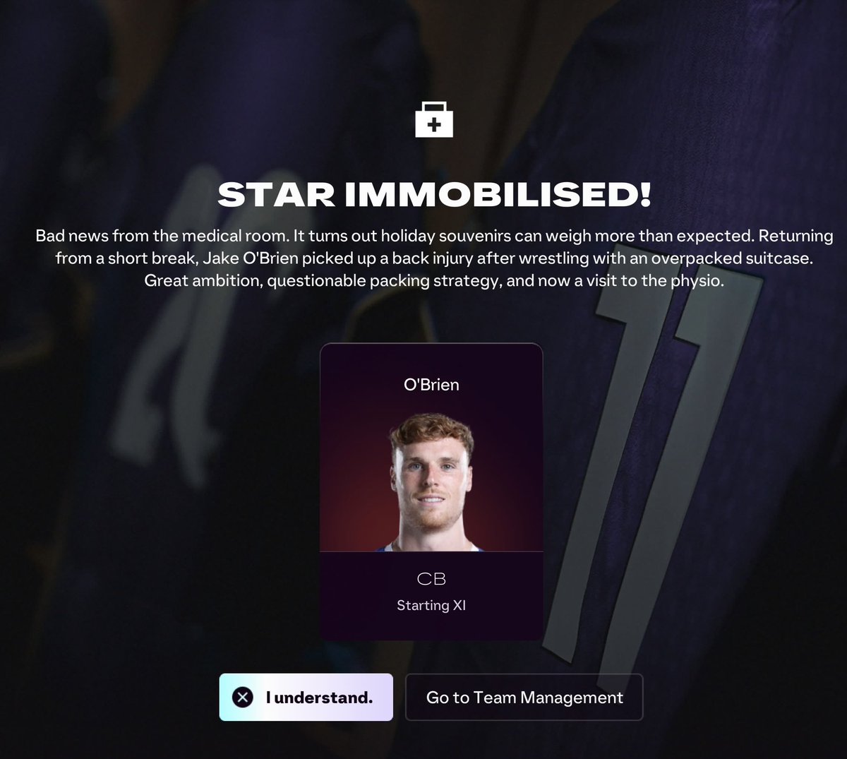 Jburtonefc's tweet photo. genuinely what has happened to career mode 

star CB out for 6 weeks because he picked up a heavy suitcase? https://t.co/ghCztxmikW