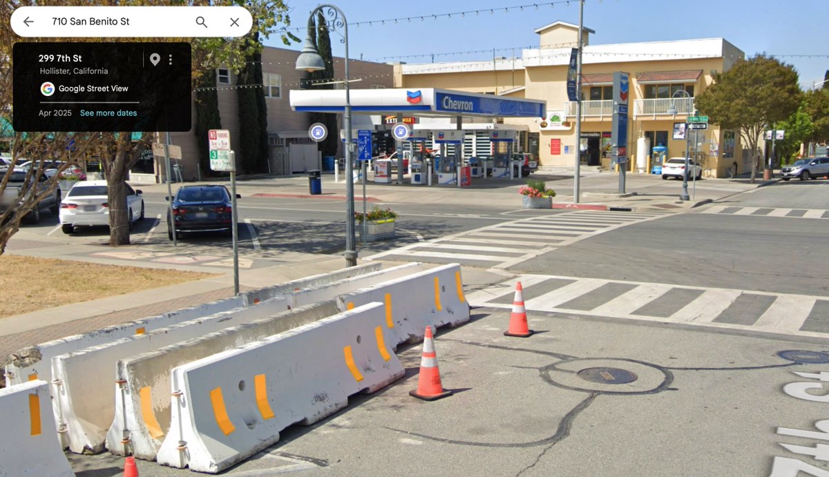 Street corner in Hollister, California, dated April 2025. This point of view ALSO appears in a photograph of motorcyclists from 1947.
In the background is a gasoline station at 710 San Benito Street. In 1947 it wore the Texaco brand.
Source: Google Maps