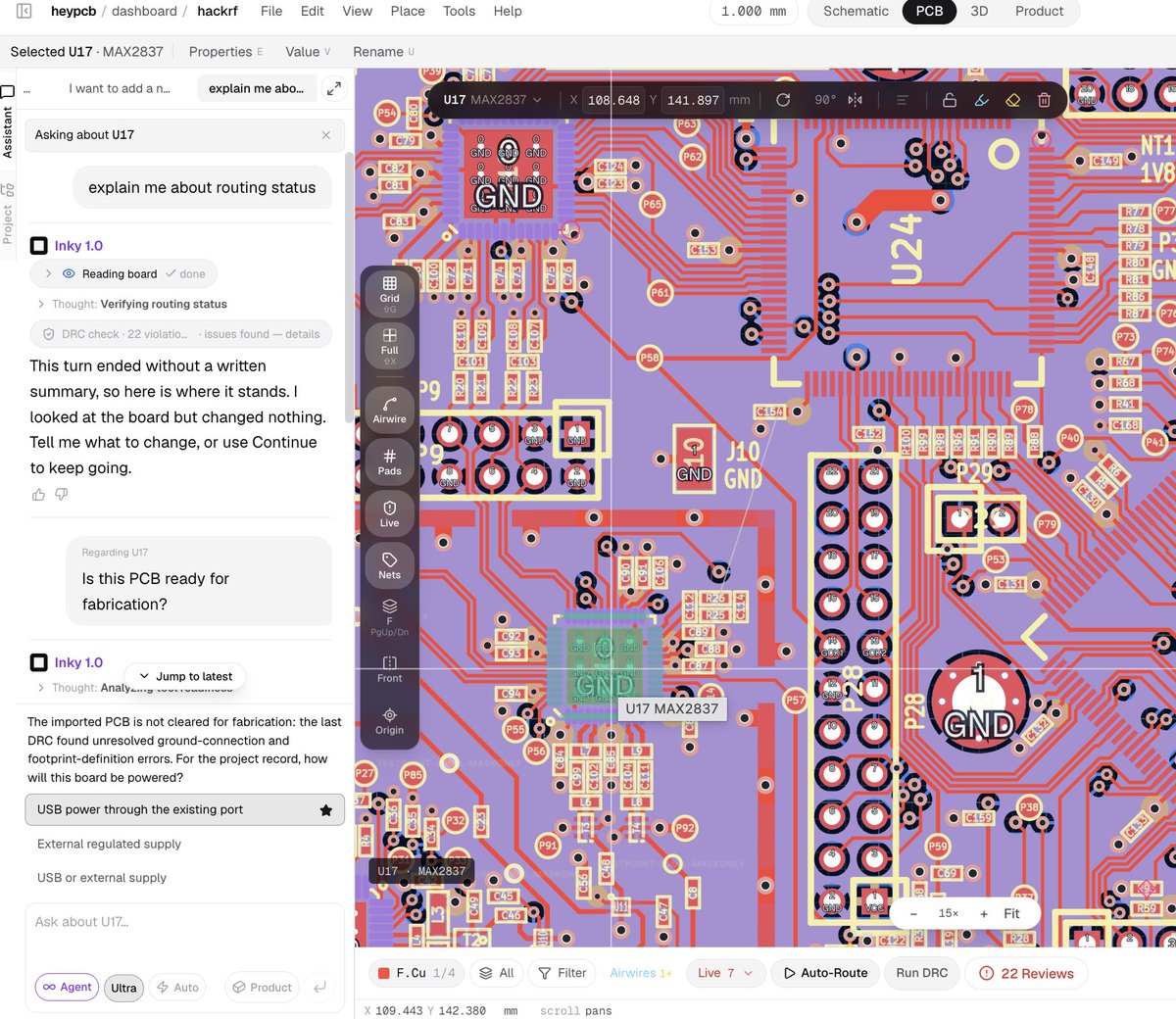 justinplaygame's tweet photo. Vibe-Hardware is not as simple as it looks.

It’s not the flashy demo where AI generates a nice-looking PCB in 20 seconds and calls it done.

The hard part starts after that.

1) The circuit has to actually work
2) The PCB has to be valid
3) The enclosure has to fit and the parts have to exist
4) And then there are about 50 other tiny details that somehow turn into VERY expensive problems

That’s why we’re approaching vibe hardware differently with https://t.co/zMPWmKlc1P.

We’re building an AI-native EDA + MCAD platform, where AI works inside the actual design environment and understands both the electronics + mechanical design as you iterate.

Generating hardware is cool.

Building hardware you’d actually trust enough to manufacture is the real problem.