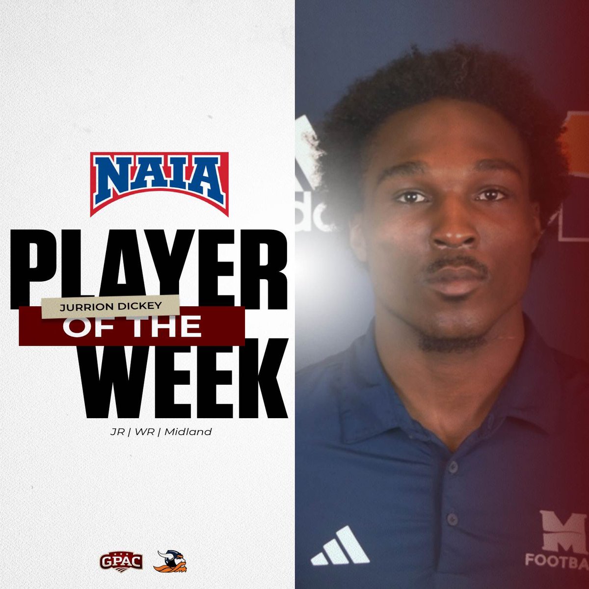 GPACSports's tweet photo. Congratulations Jurrion!  @NAIA 🏈 Offensive Player-of-the-Week!
@Midland_Sports https://t.co/SFsykAFfdq